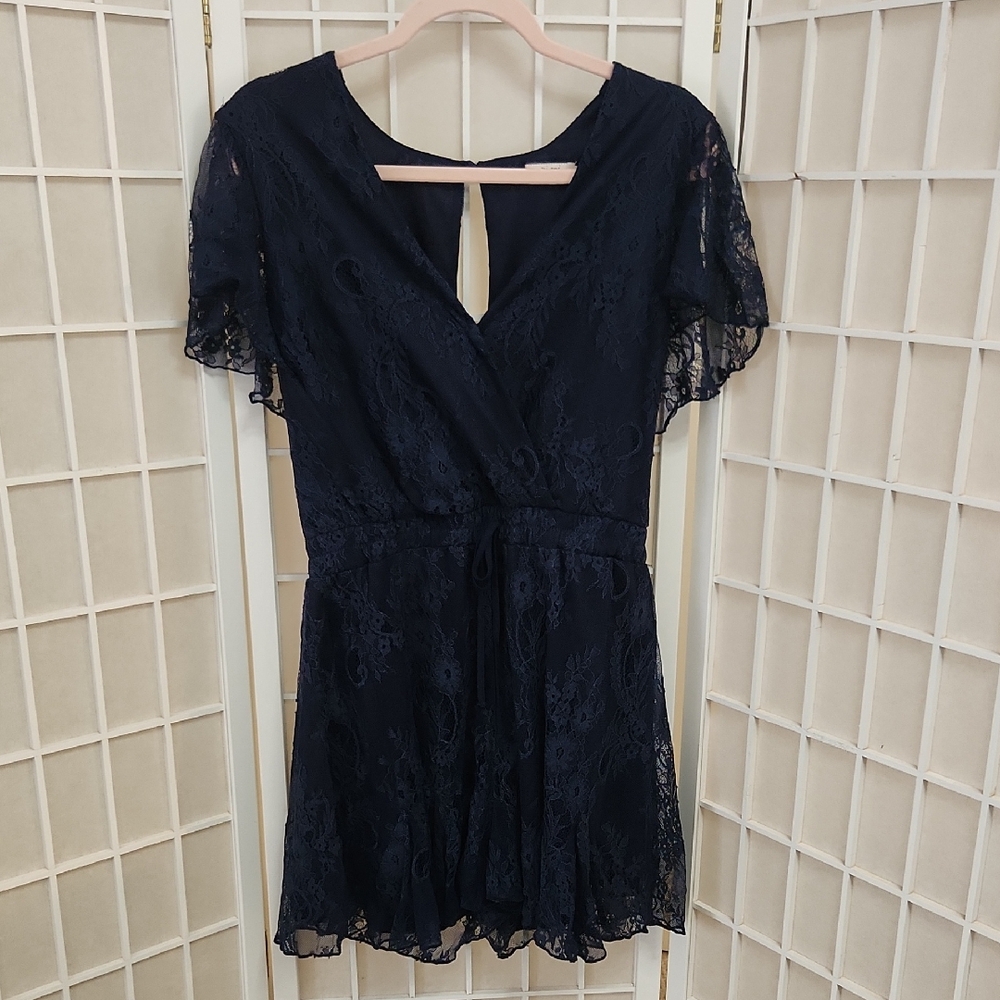 Miami Navy Blue Lace V-neck Romper with Lace Short Sleeves